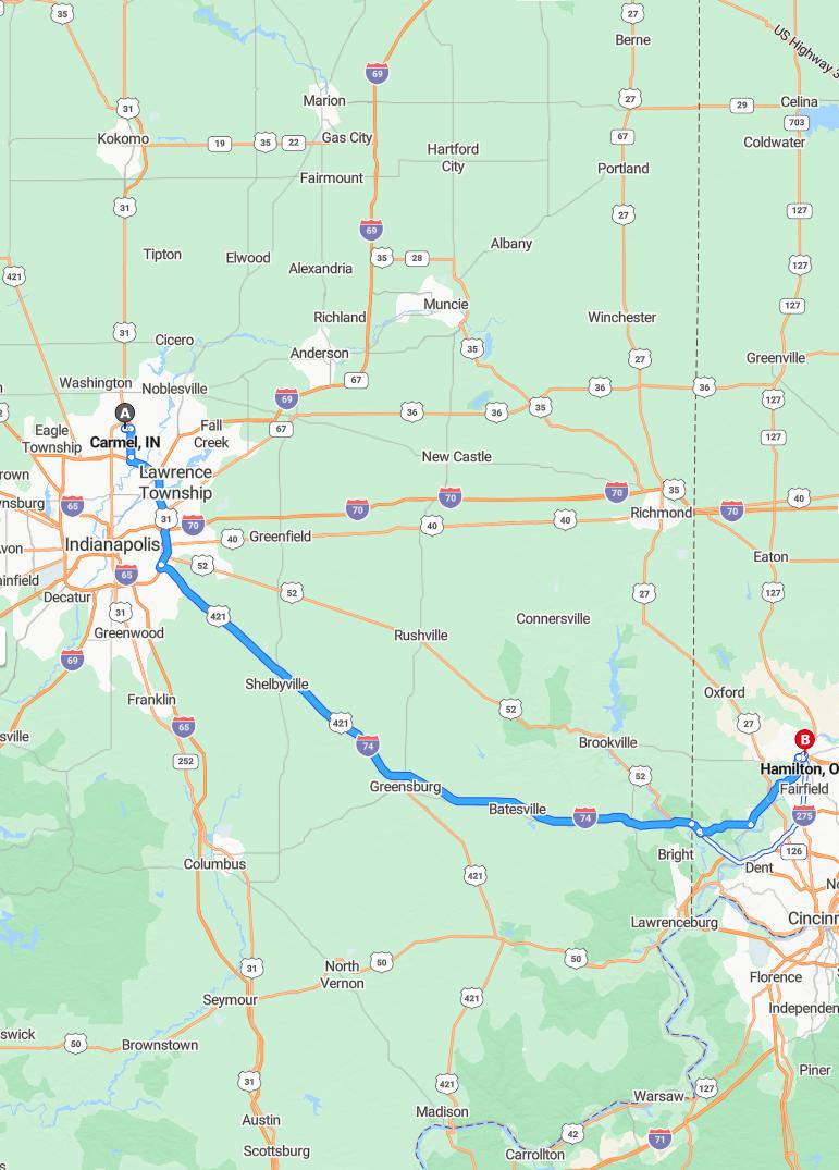 driving from Carmel, Indiana to HamiltonOhio - map and route