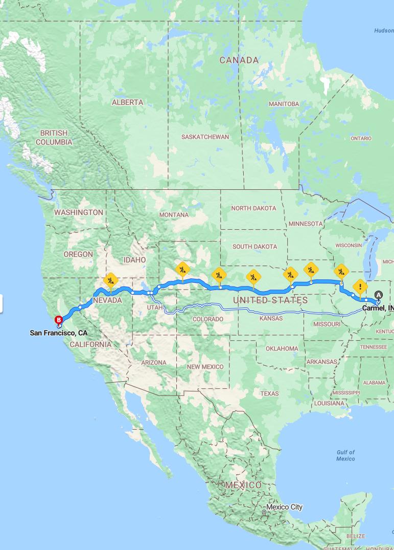 driving from Carmel, Indiana to San FranciscoCalifornia - map and route