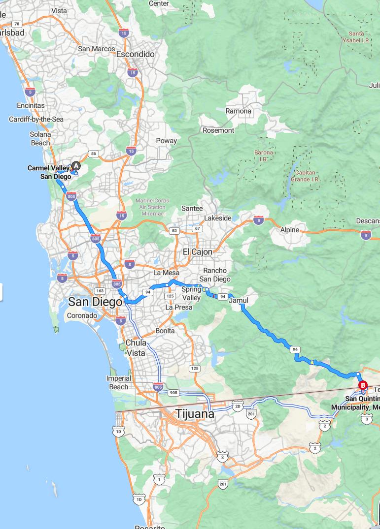 driving from Carmel Valley, California to San QuintinBaja California - map and route