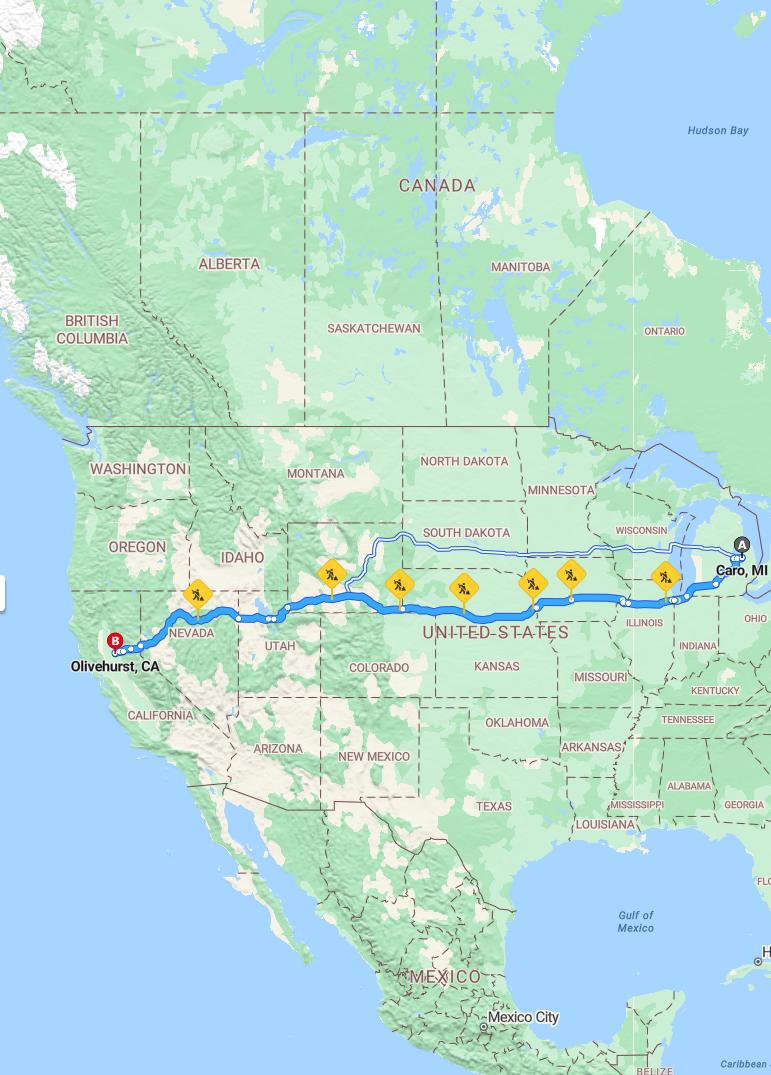 driving from Caro, Michigan to OlivehurstCalifornia - map and route