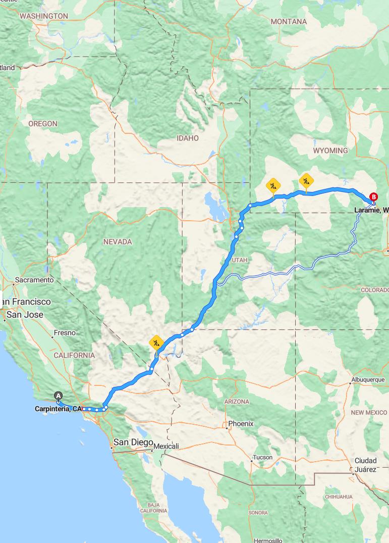 driving from Carpinteria, California to LaramieWyoming - map and route