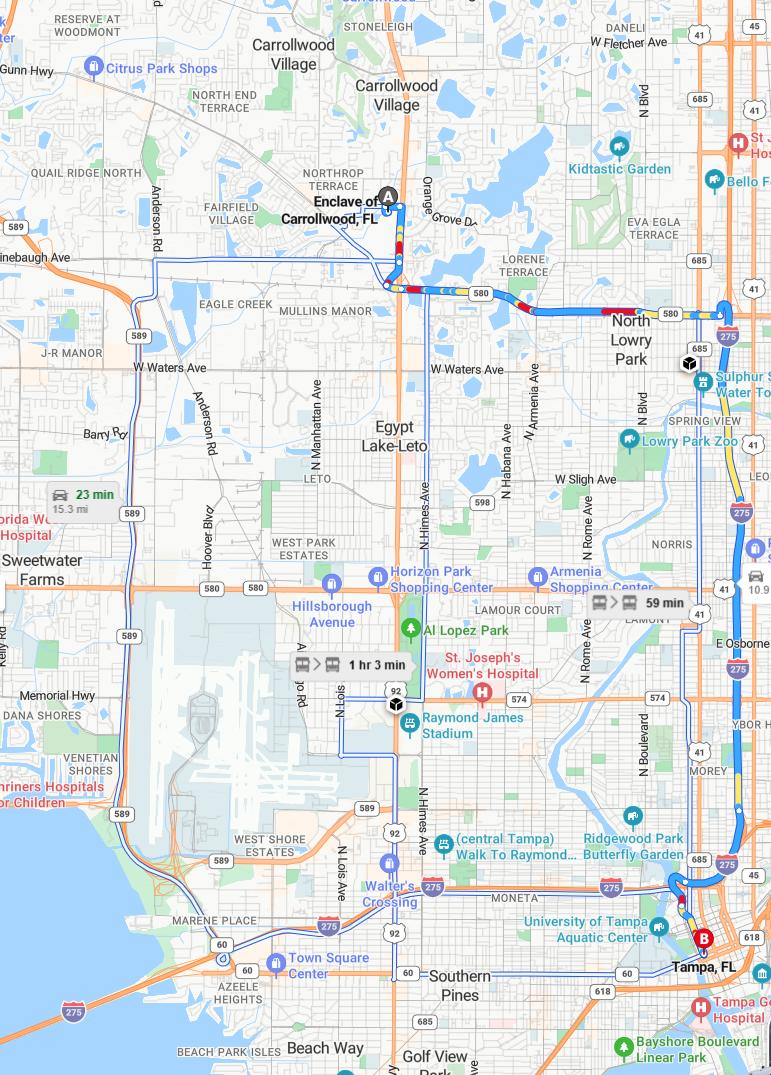 driving from Carrollwood, Florida to TampaFlorida - map and route
