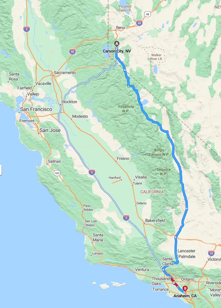 driving from Carson City, Nevada to AnaheimCalifornia - map and route
