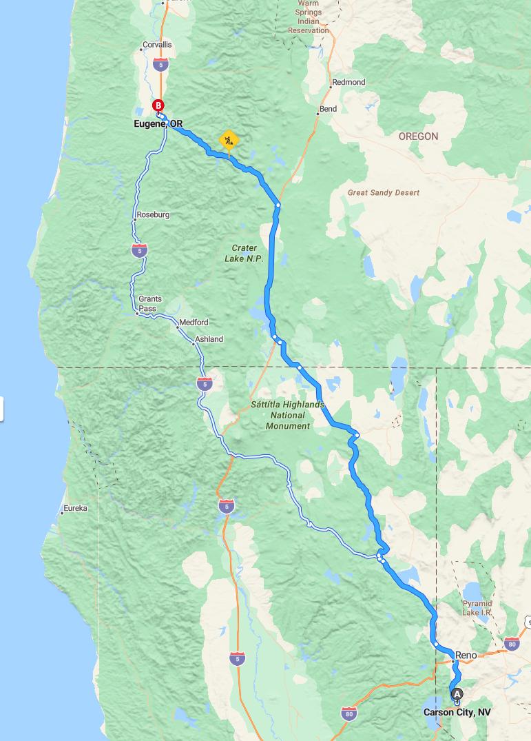 driving from Carson City, Nevada to EugeneOregon - map and route