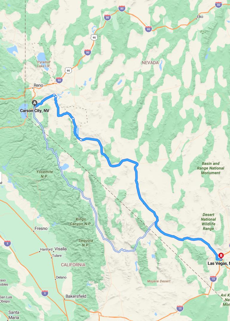 driving from Carson City, Nevada to Las VegasNevada - map and route