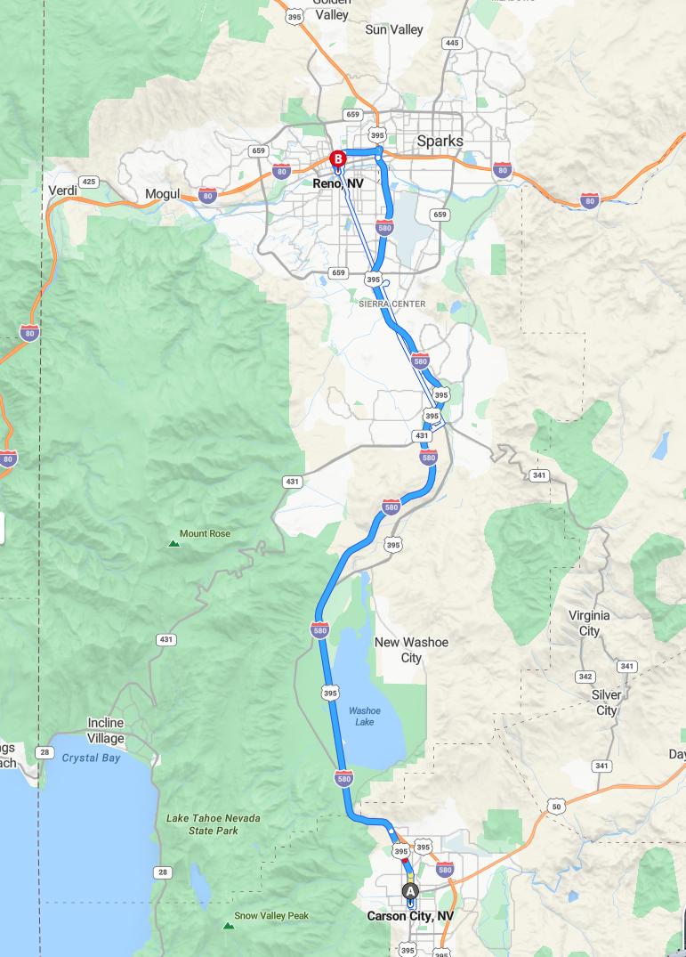 driving from Carson City, Nevada to RenoNevada - map and route