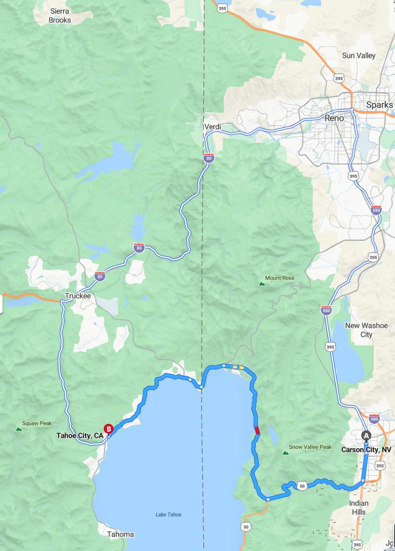 driving from Carson City, Nevada to TahoeCalifornia - map and route