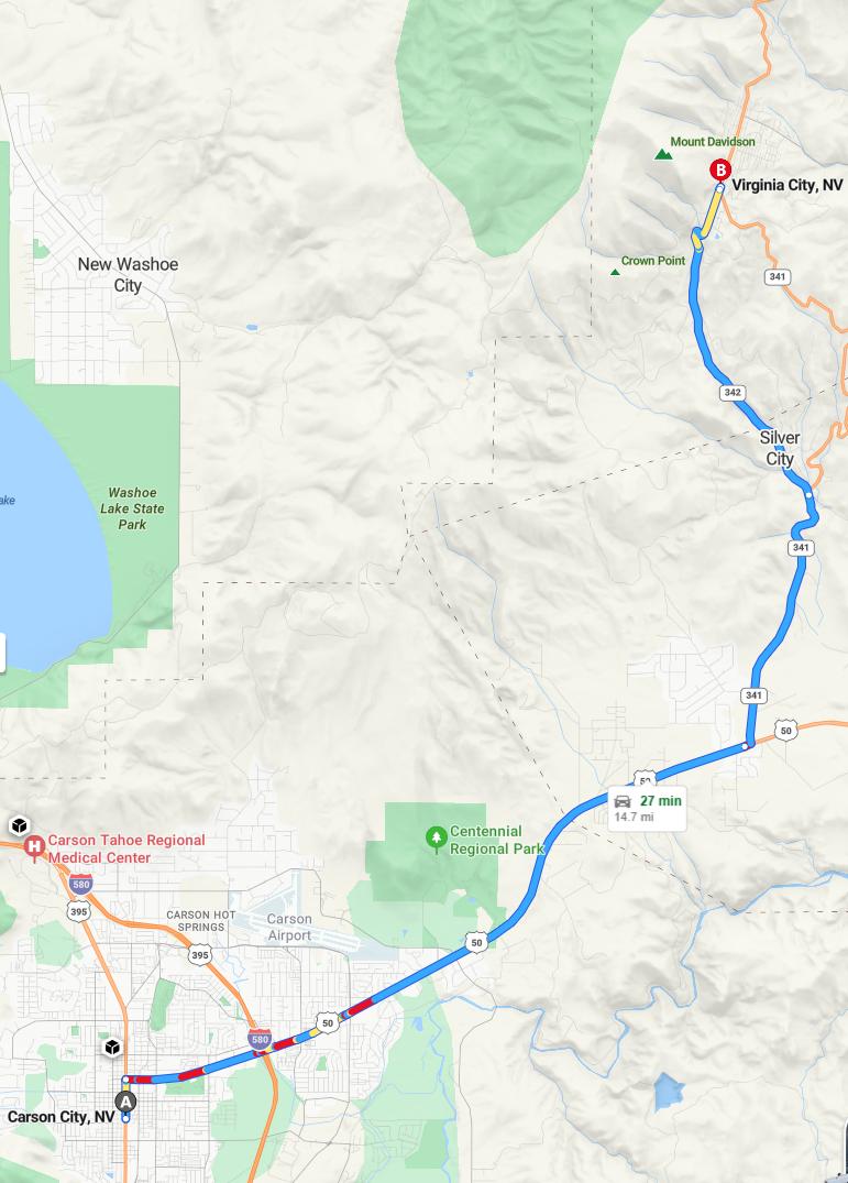 driving from Carson City, Nevada to Virginia CityNevada - map and route