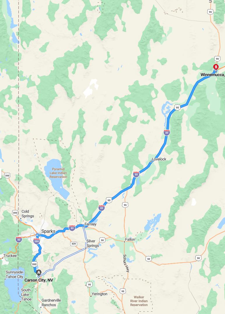 driving from Carson City, Nevada to WinnemuccaNevada - map and route
