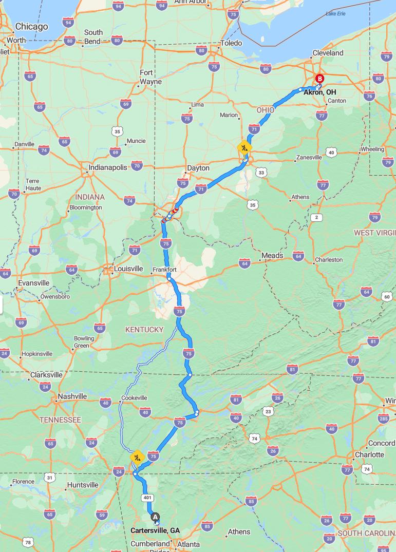 driving from Cartersville, Georgia to AkronOhio - map and route