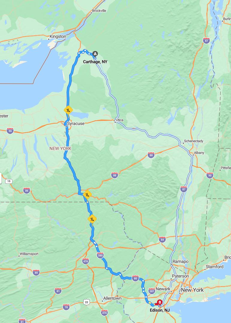 driving from Carthage, New York to EdisonNew Jersey - map and route