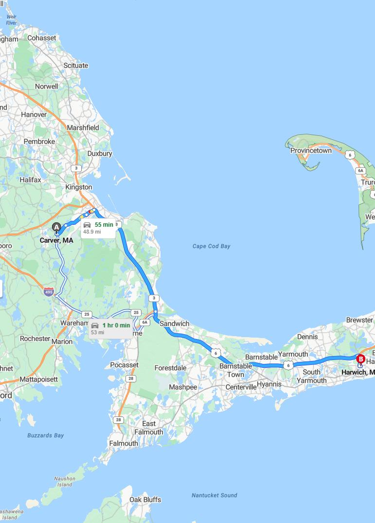 driving from Carver, Massachusetts to HarwichMassachusetts - map and route