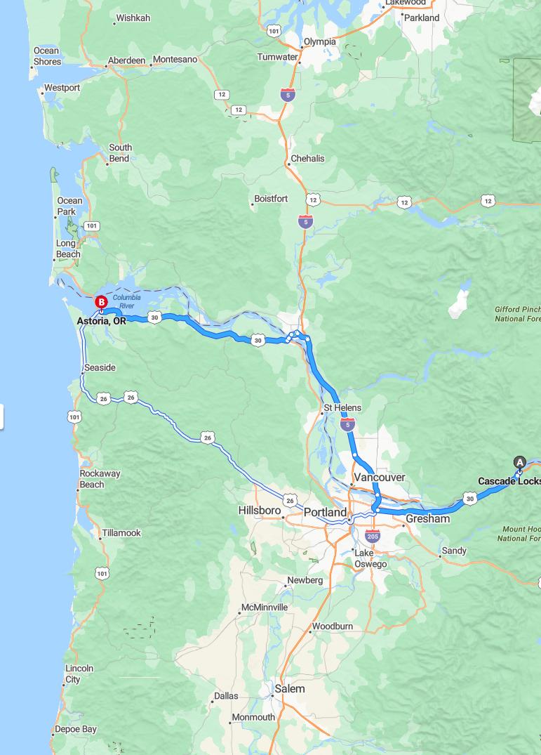 driving from Cascade Locks, Oregon to AstoriaOregon - map and route