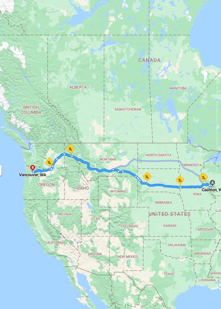 driving from Cashton, Wisconsin to VancouverWashington - map and route
