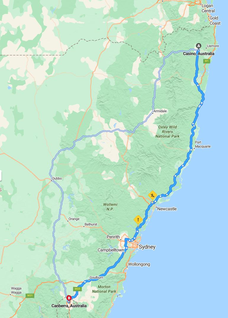 driving from Casino, New South Wales to CanberraAustralian Capital Territory - map and route