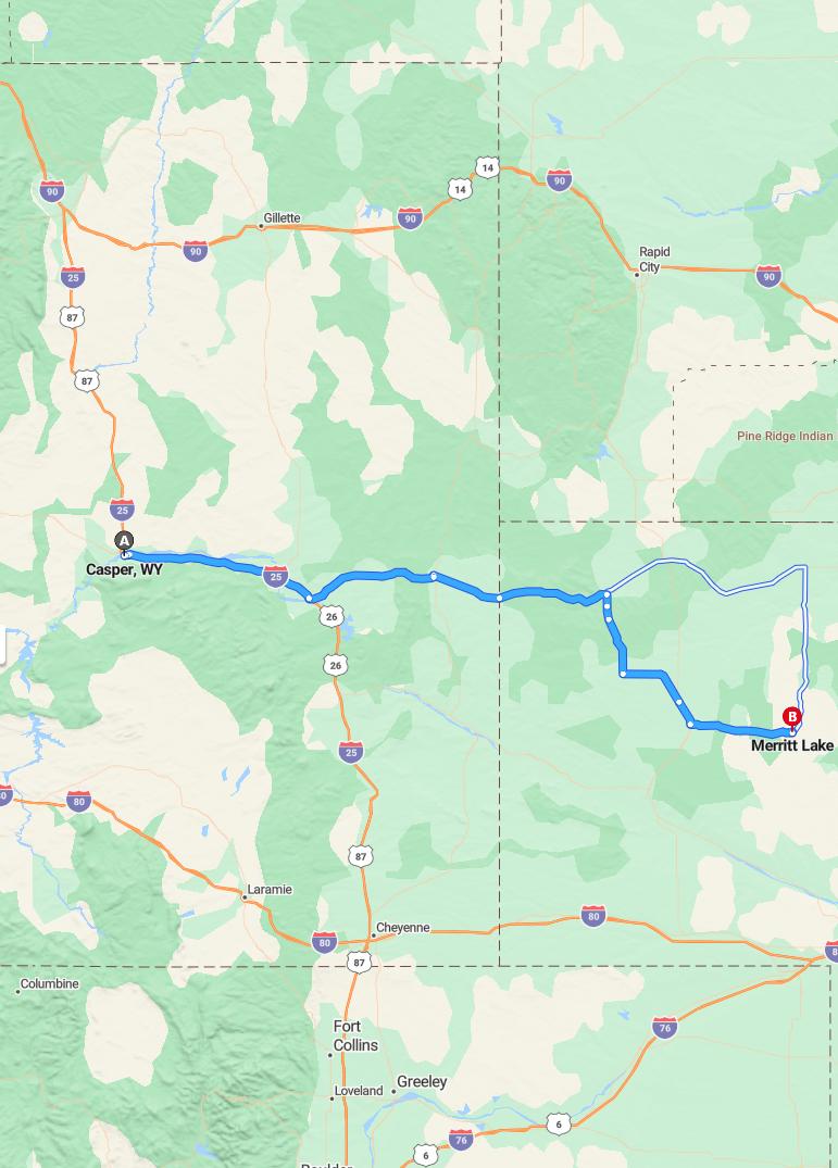 driving from Casper, Wyoming to Merritt LakeNebraska - map and route