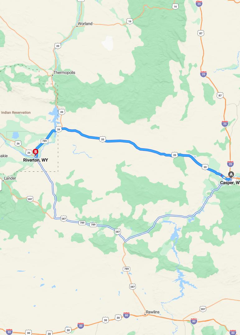 driving from Casper, Wyoming to RivertonWyoming - map and route