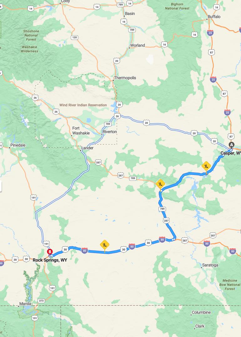 driving from Casper, Wyoming to Rock SpringsWyoming - map and route