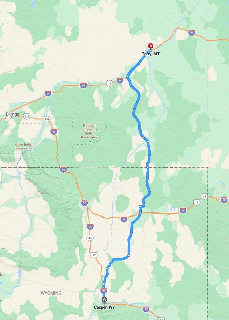 driving from Casper, Wyoming to TerryMontana - map and route