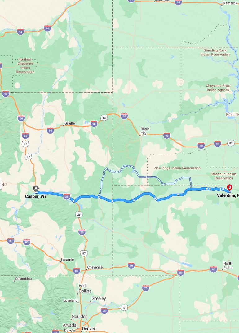 driving from Casper, Wyoming to ValentineNebraska - map and route