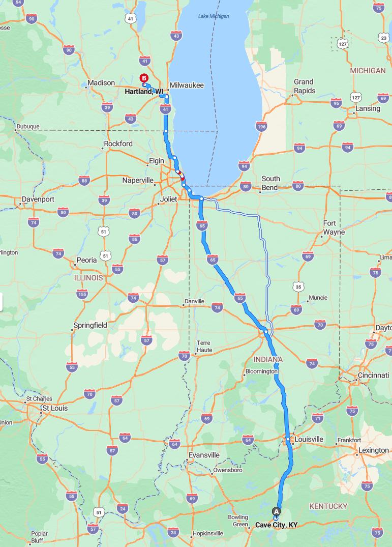 driving from Cave City, Kentucky to HartlandWisconsin - map and route