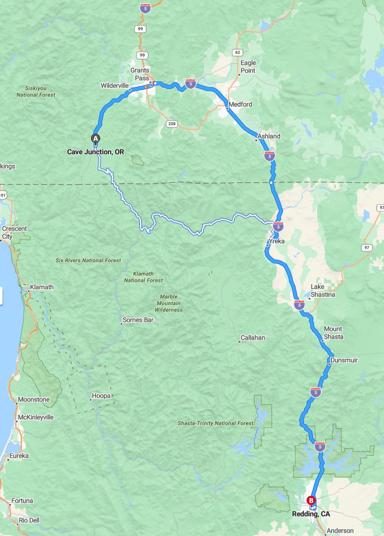 driving from Cave Junction, Oregon to ReddingCalifornia - map and route