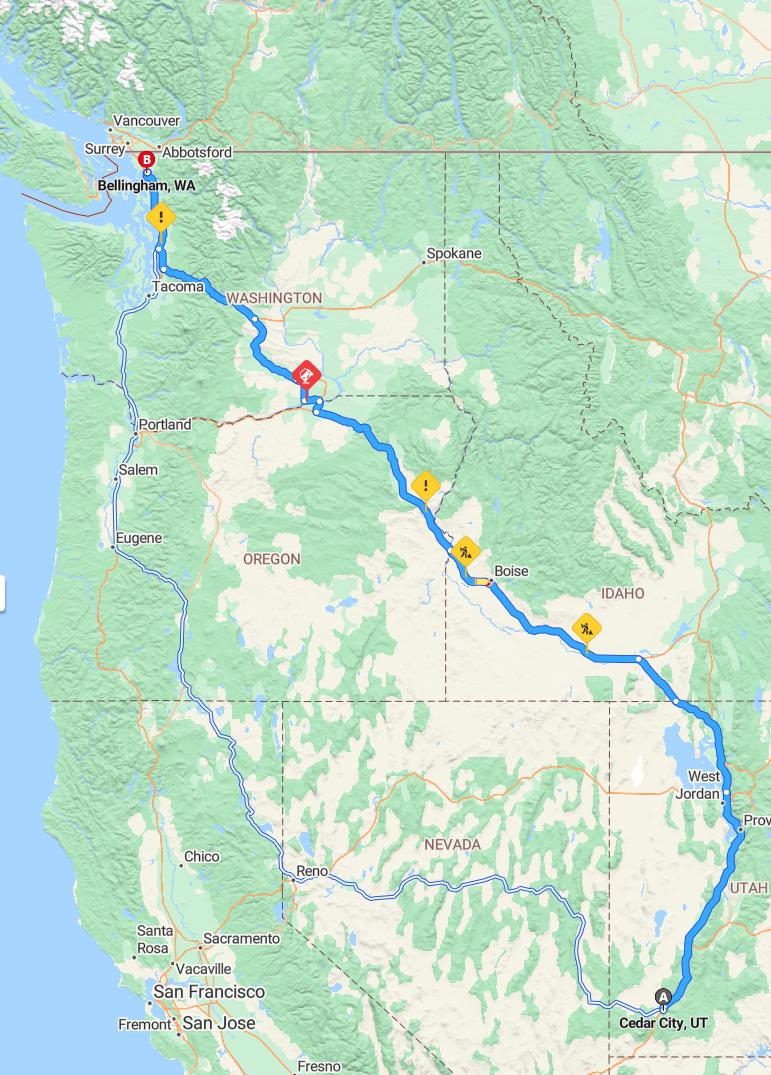 driving from Cedar City, Utah to BellinghamWashington - map and route