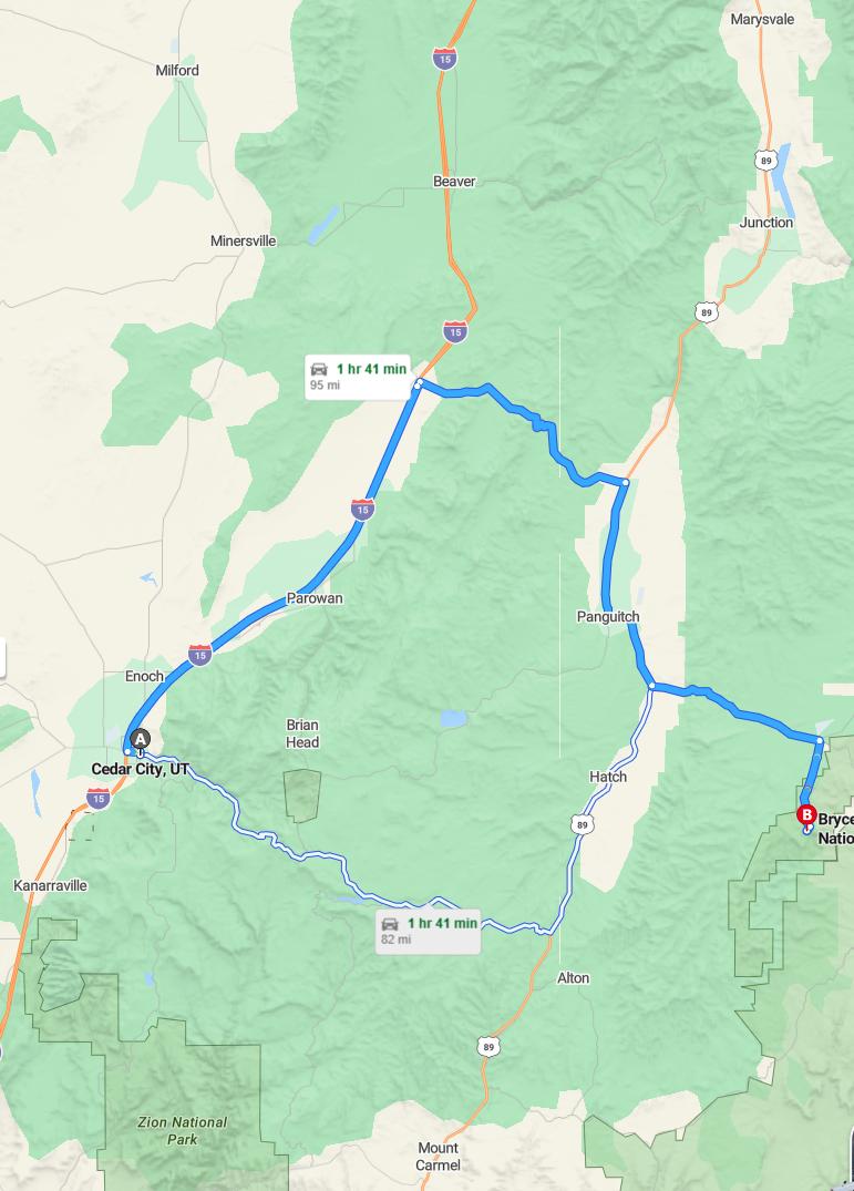 driving from Cedar City, Utah to Bryce CanyonUtah - map and route