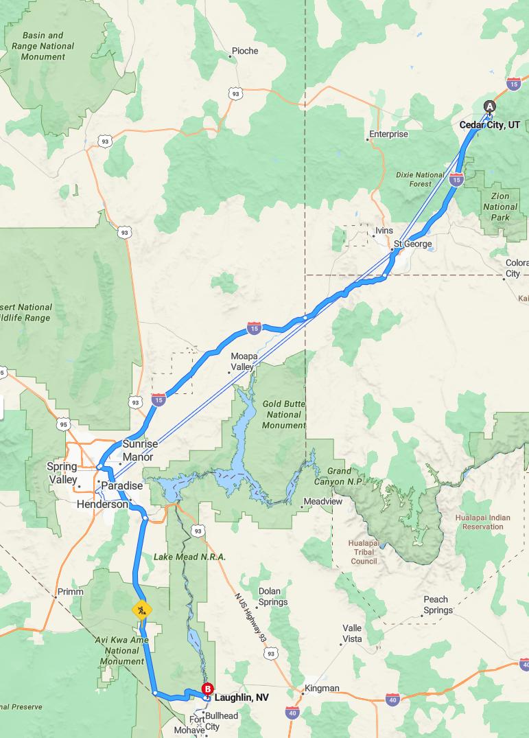 driving from Cedar City, Utah to LaughlinNevada - map and route