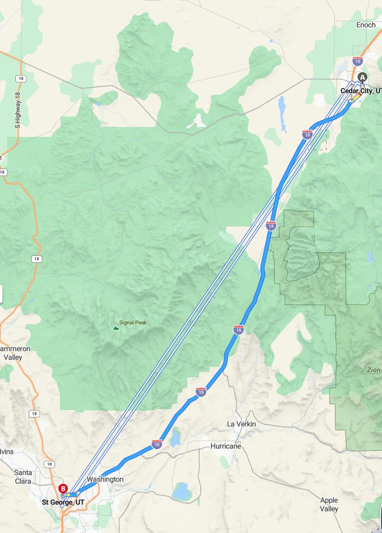 driving from Cedar City, Utah to St. GeorgeUtah - map and route