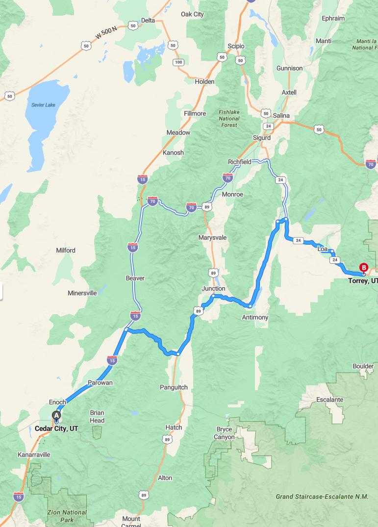 driving from Cedar City, Utah to TorreyUtah - map and route