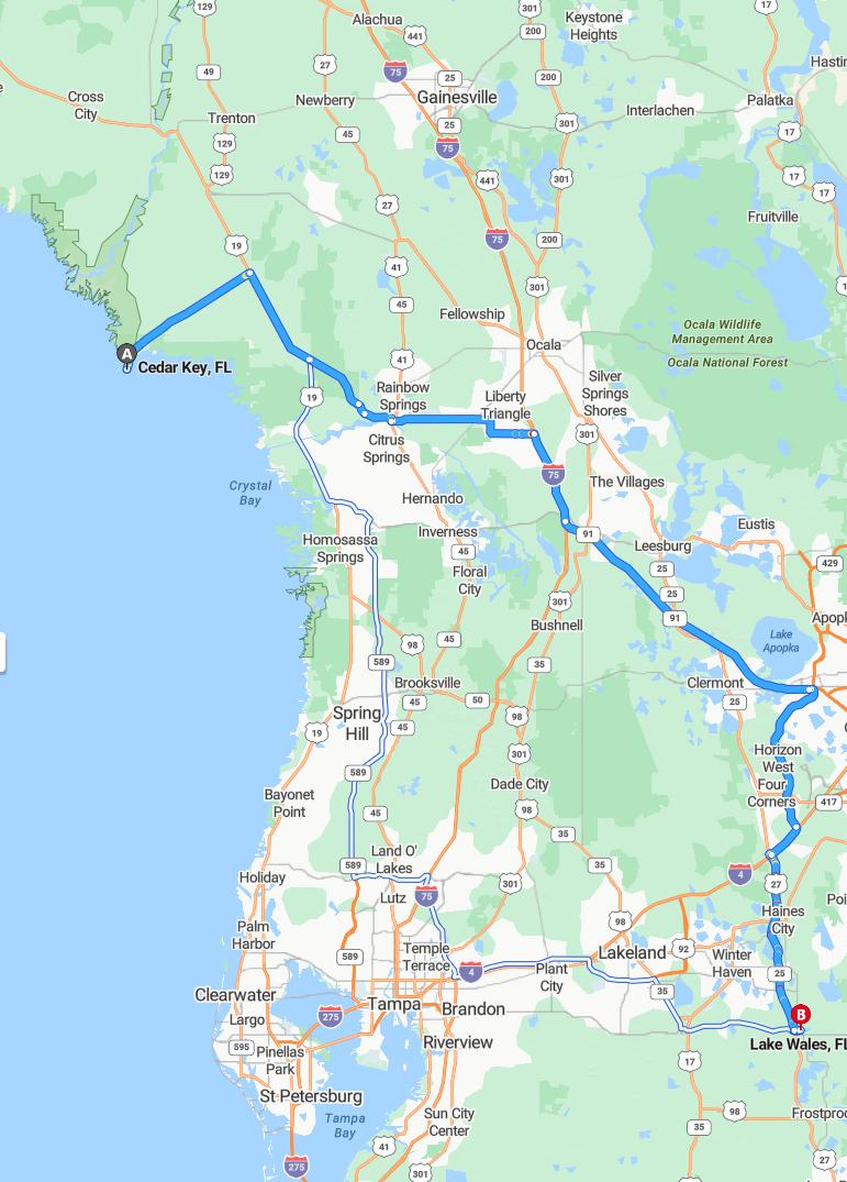 driving from Cedar Key, Florida to Lake WalesFlorida - map and route