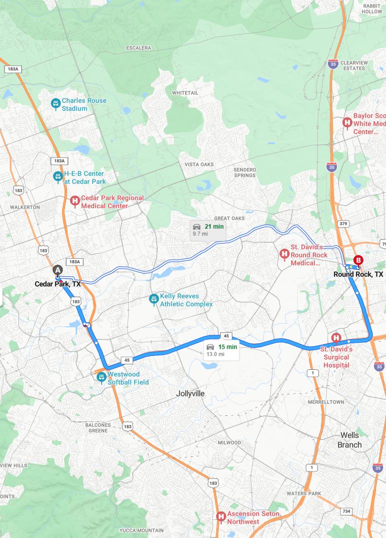 driving from Cedar Park, Texas to Round RockTexas - map and route