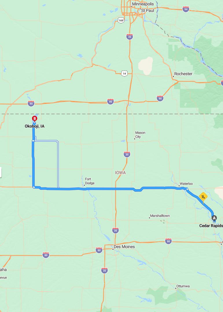 driving from Cedar Rapids, Iowa to OkobojiIowa - map and route