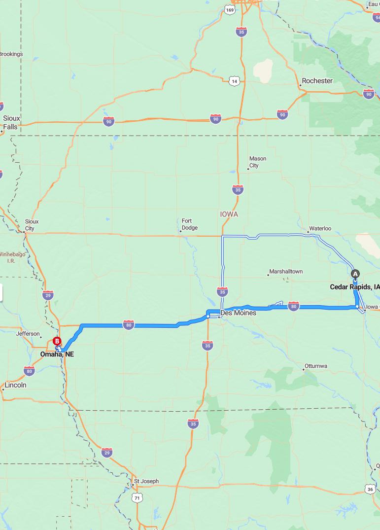 driving from Cedar Rapids, Iowa to OmahaNebraska - map and route
