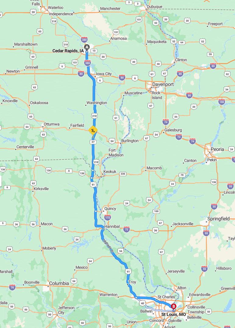 driving from Cedar Rapids, Iowa to St. LouisMissouri - map and route