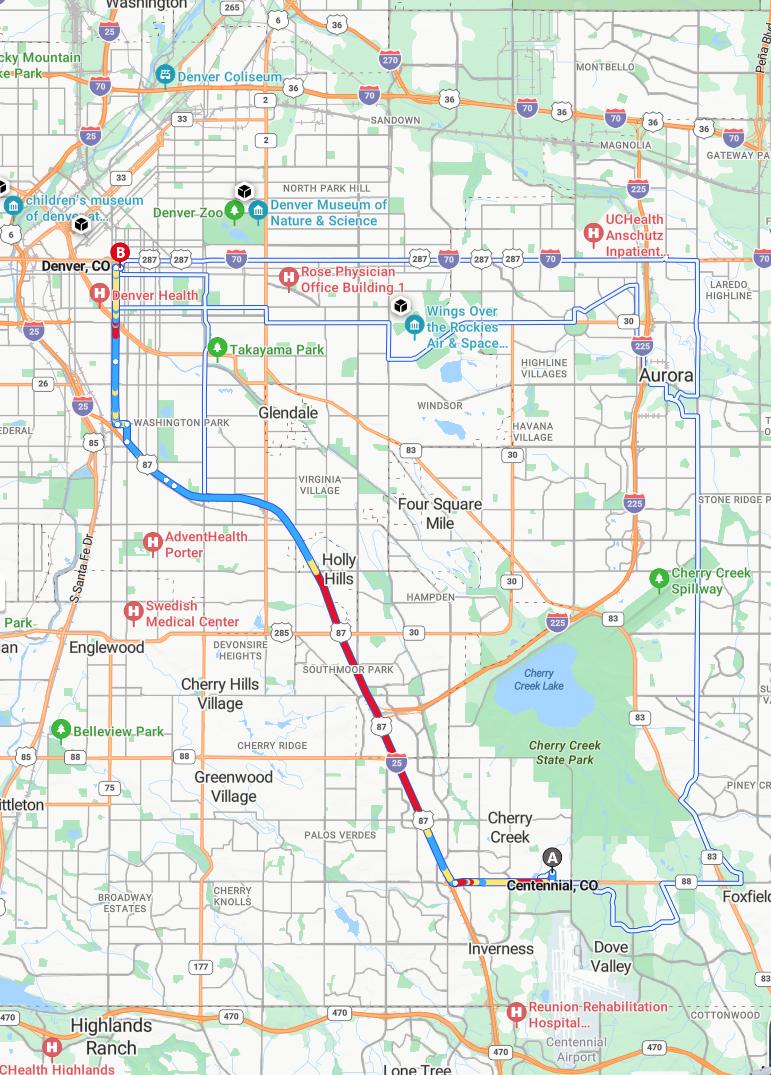 driving from Centennial, Colorado to DenverColorado - map and route