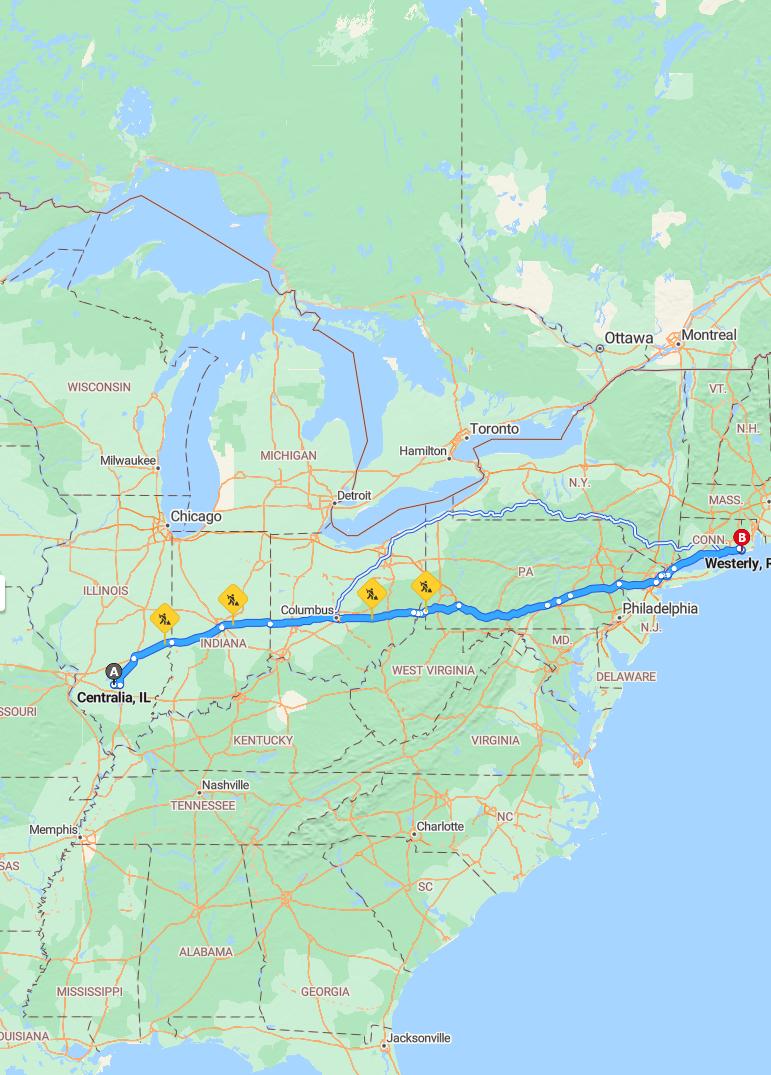 driving from Centralia, Illinois to WesterlyRhode Island - map and route