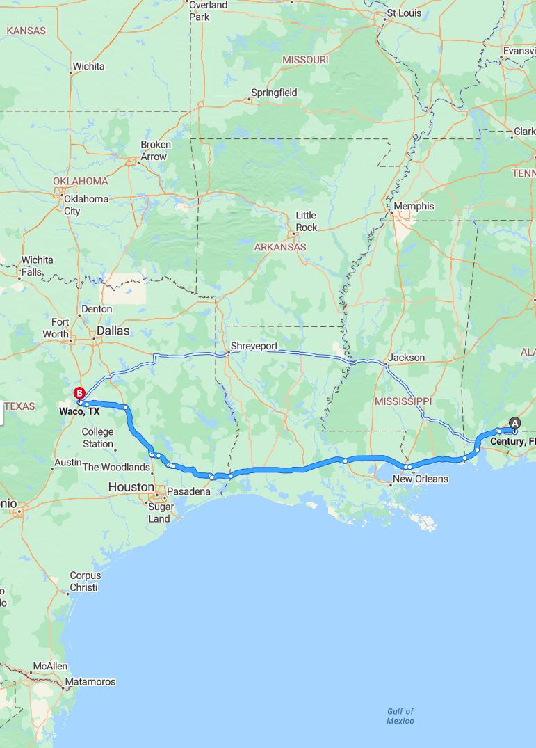 driving from Century, Florida to WacoTexas - map and route