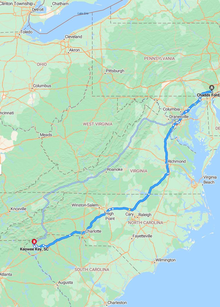 driving from Chadds Ford, Pennsylvania to Keowee KeySouth Carolina - map and route