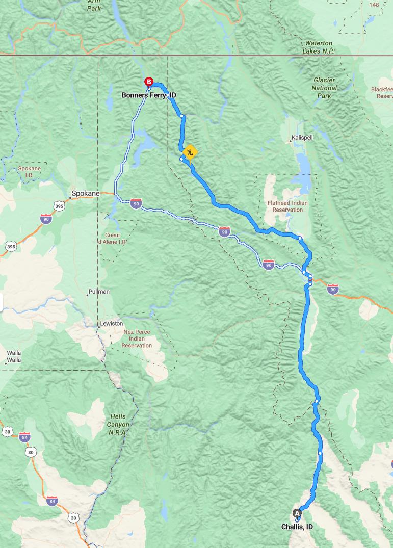 driving from Challis, Idaho to Bonners FerryIdaho - map and route