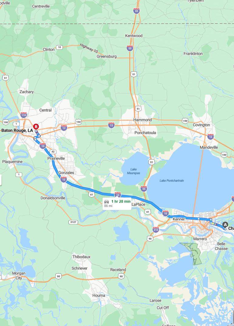 driving from Chalmette, Louisiana to Baton RougeLouisiana - map and route