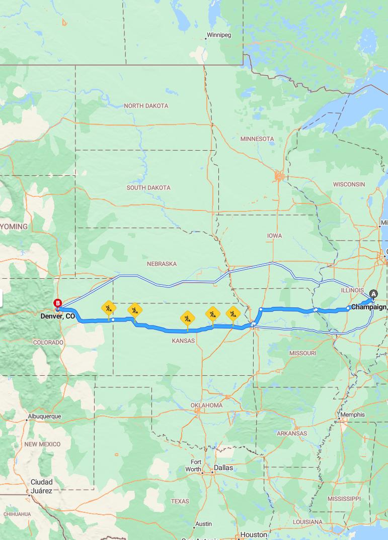 driving from Champaign, Illinois to DenverColorado - map and route