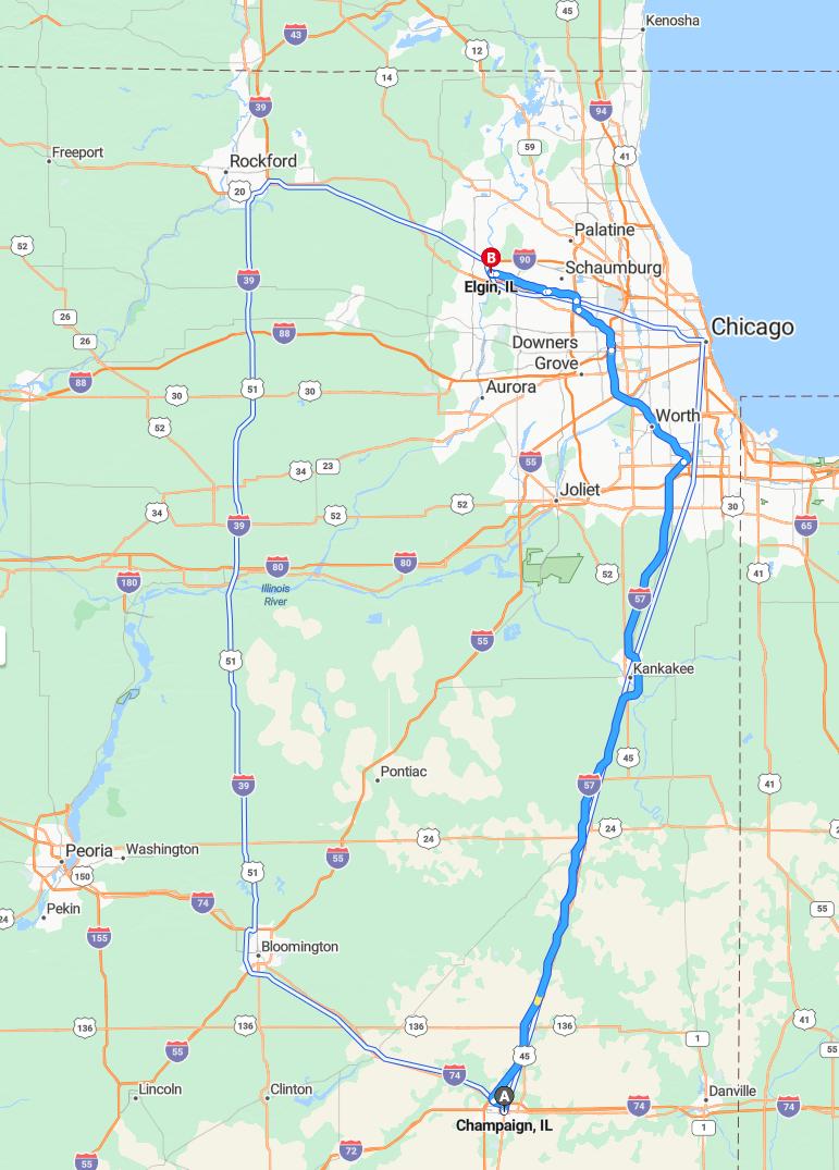 driving from Champaign, Illinois to ElginIllinois - map and route
