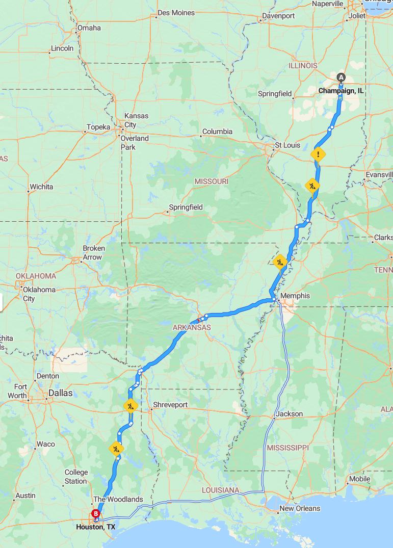driving from Champaign, Illinois to HoustonTexas - map and route