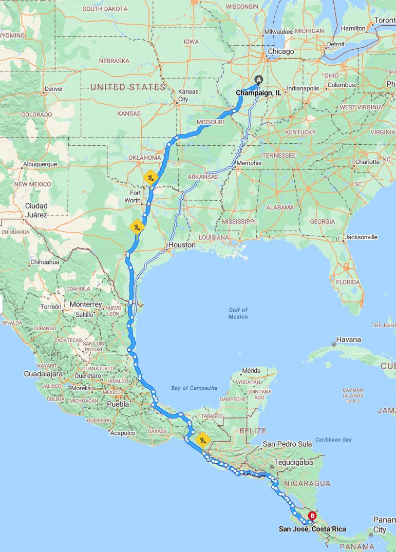 driving from Champaign, Illinois to San JoseCosta Rica - map and route