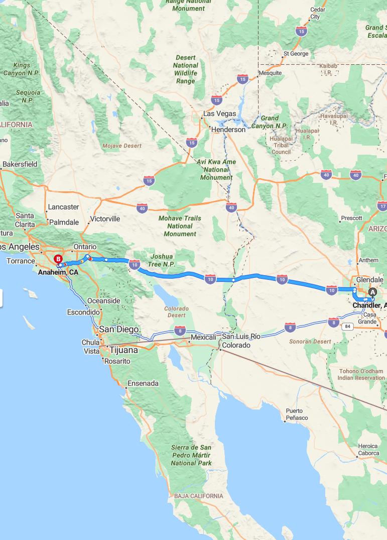 driving from Chandler, Arizona to AnaheimCalifornia - map and route