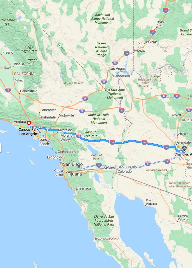 driving from Chandler, Arizona to Canoga ParkCalifornia - map and route