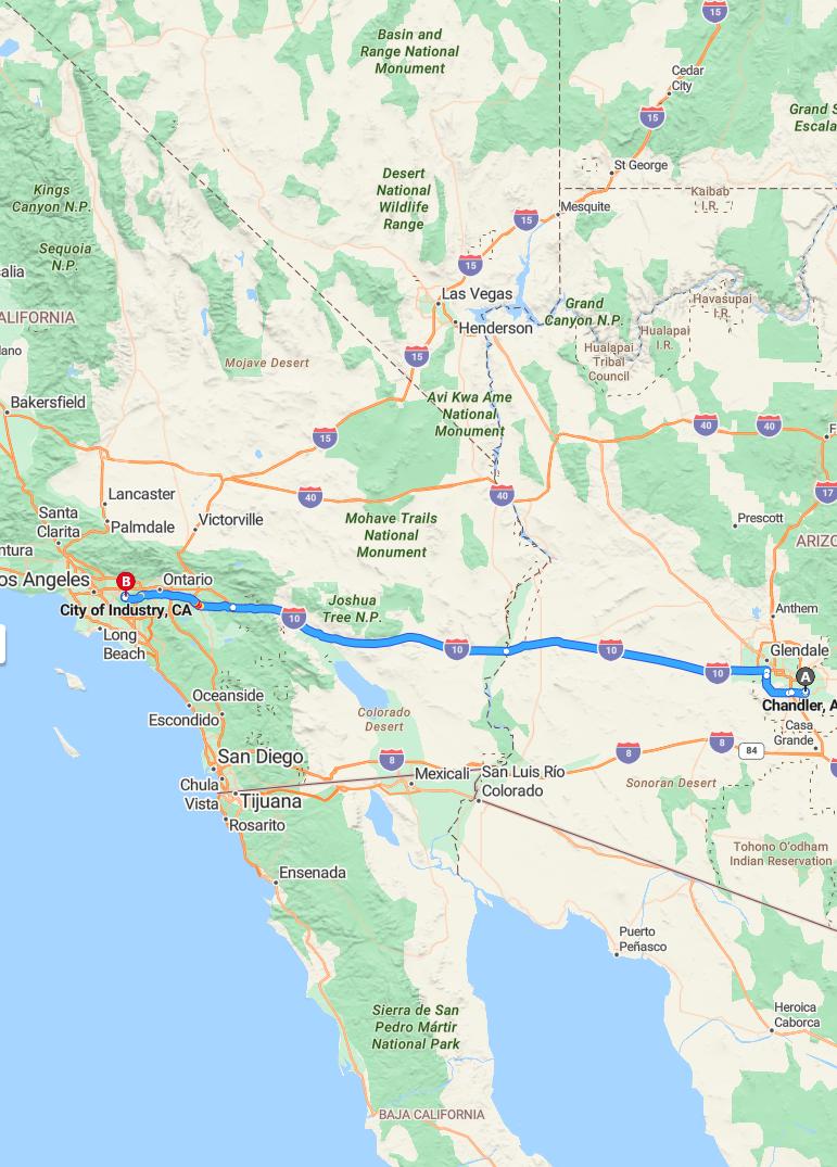 driving from Chandler, Arizona to City of IndustryCalifornia - map and route