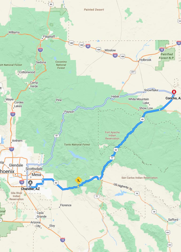 driving from Chandler, Arizona to ConchoArizona - map and route